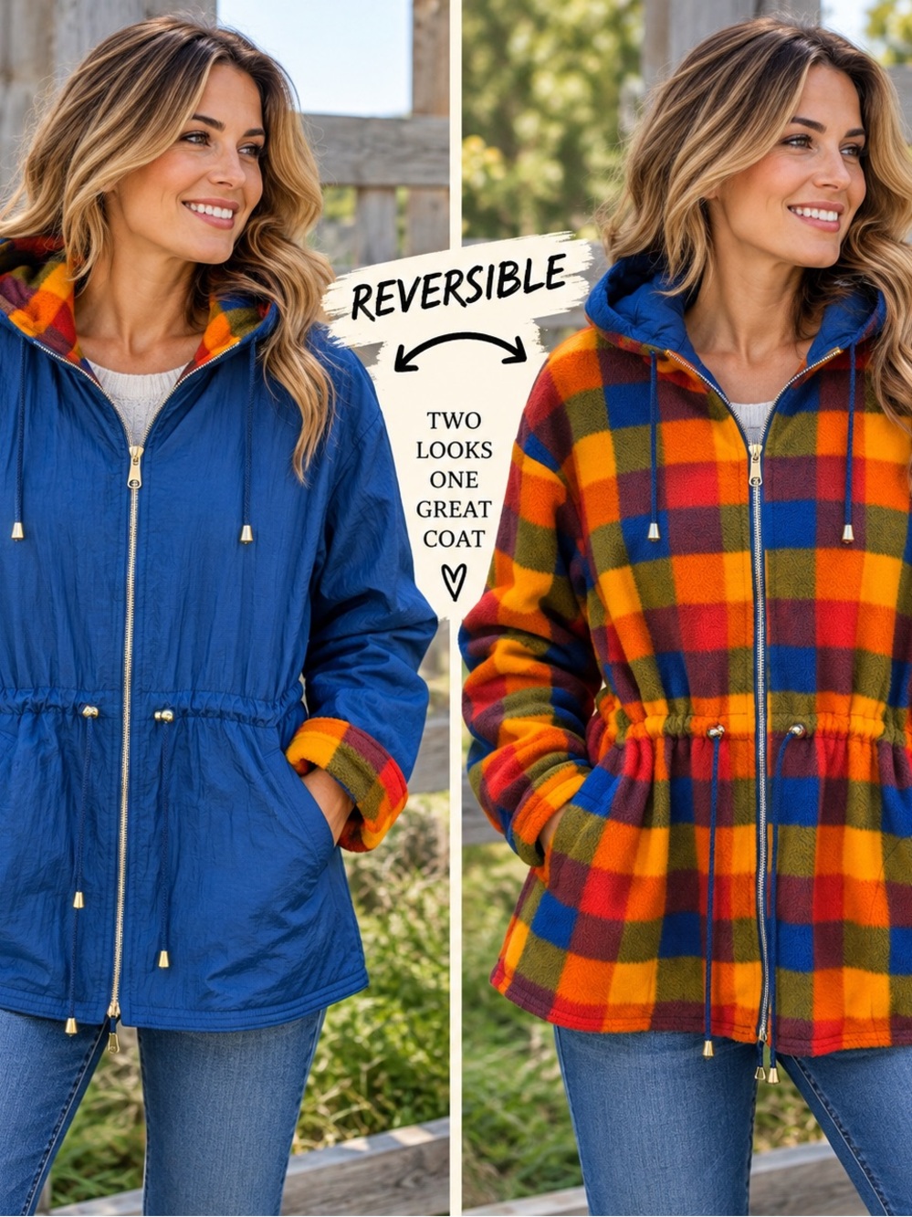 Vintage Reversible Plaid & Blue Hooded Jacket – 2 Looks in 1